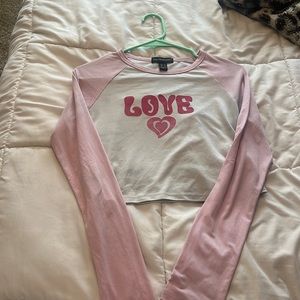 Long Sleeve Baseball Tee Pink and White Love Logo